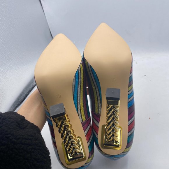 FSJ Multicolor Glitter Gold Metal Chain Chunky High Heel Pointed Toe Pumps - Picture 9 of 11